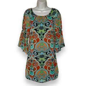 Voll Paisley Floral Bell Ruffle Sleeve Boho Tunic Dress Chiffon Women Size Small